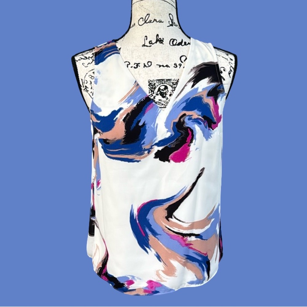 Nine West Sheer Watercolor Print Sleeveless Tank Top Casual Business Colorful XS